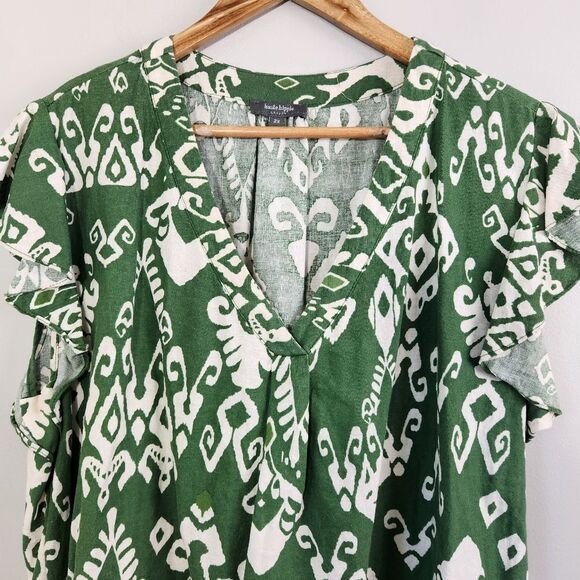 Haute Hippee Linen Blend Green Boho Size 2X Summer Abstract Top - Picture 8 of 8